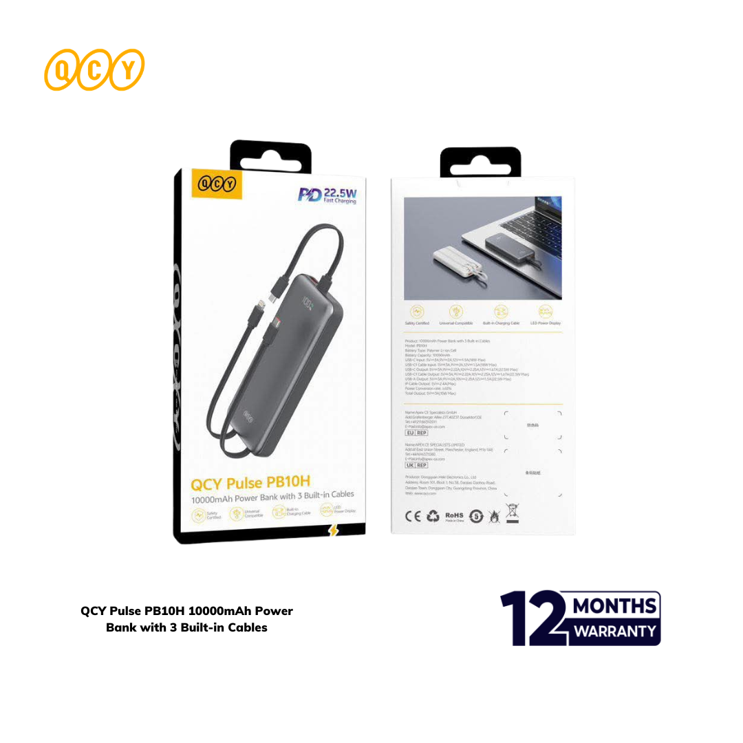 QCY - 2026-09-05T155210.278 QCY Pulse PB10H 10000mAh Power Bank with 3 Built-in Cables - Image 1