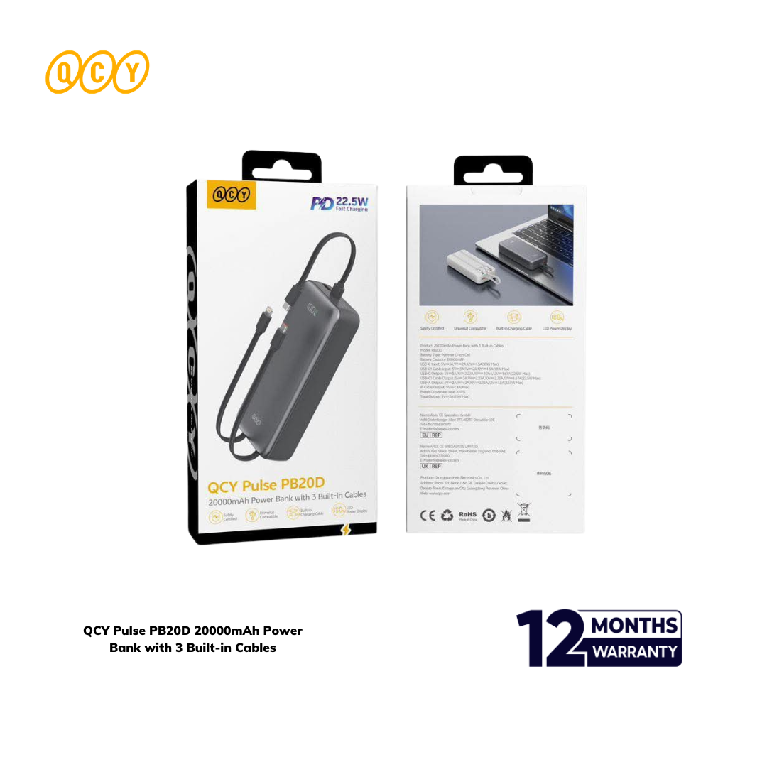 QCY - 2026-09-05T155604.071 QCY Pulse PB20D 20000mAh Power Bank with 3 Built-in Cables - Image 1