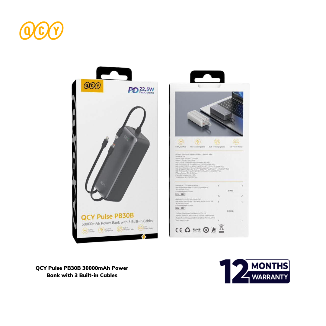 QCY - 2026-09-05T160102.997 QCY Pulse PB30B 30000mAh Power Bank with 3 Built-in Cables - Image 1