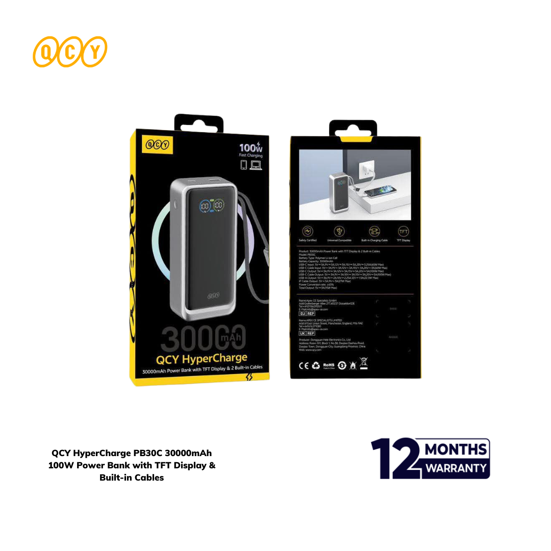 QCY - 2026-09-05T161701.430 QCY HyperCharge PB30C 30000mAh 100W Power Bank with TFT Display & Built-in Cables - Image 1